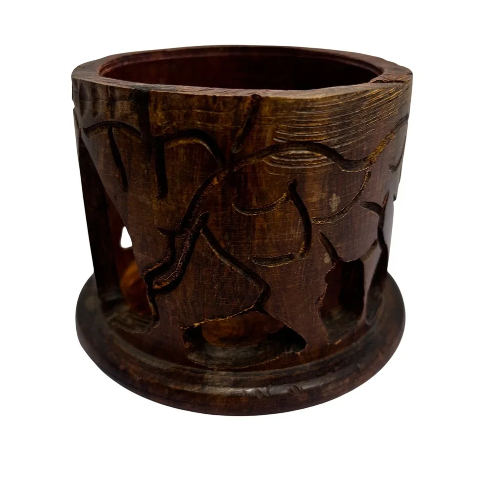 Vintage Hand Carved Wood Elephant Coaster Set of 4 with Matching Holder‎ Rustic